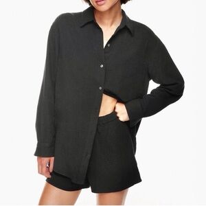 Aritzia Wilfred Free M/L Black Organic Cotton Gauze Matching Button Up/Short Set